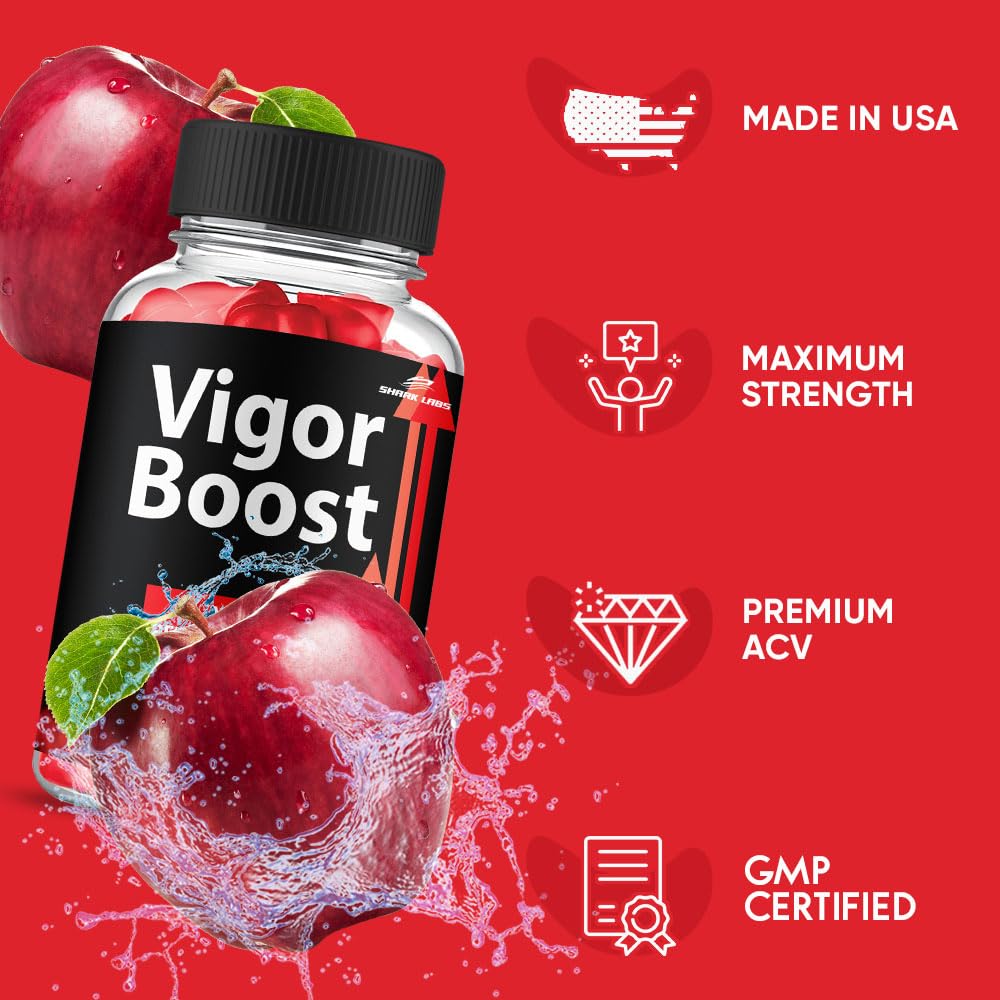 Vigor Boost gummies with product feature icons